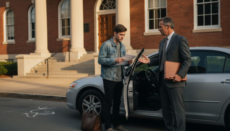 Attorney advising driver outside courthouse in North Carolina