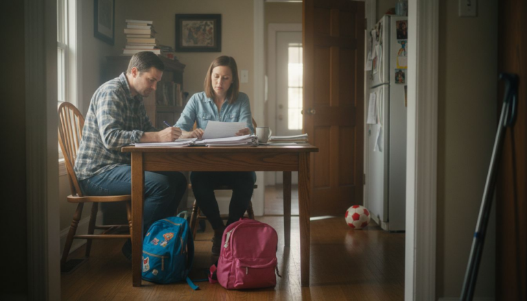 Parents reviewing custody papers at home table