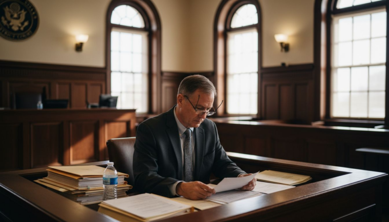 Expert witness reviewing papers in courtroom