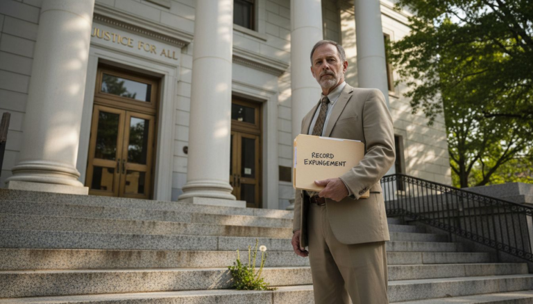 Man holding folder outside North Carolina courthouse