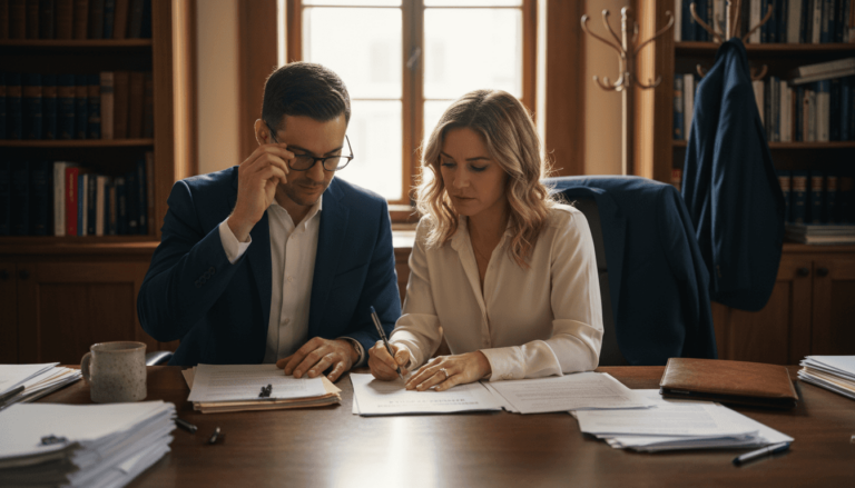Couple signing prenuptial agreement in attorney office