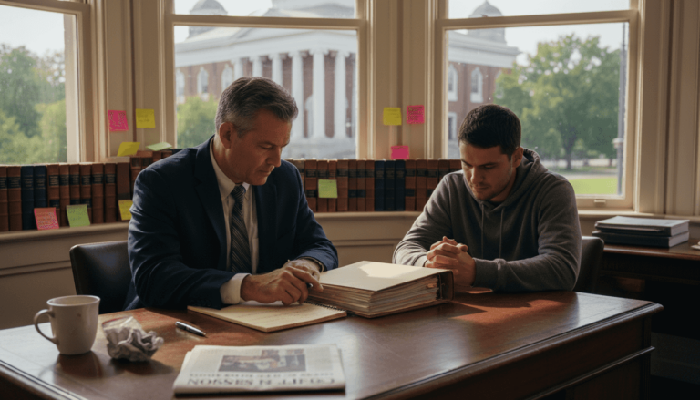 Attorney and client discuss defense strategy in office