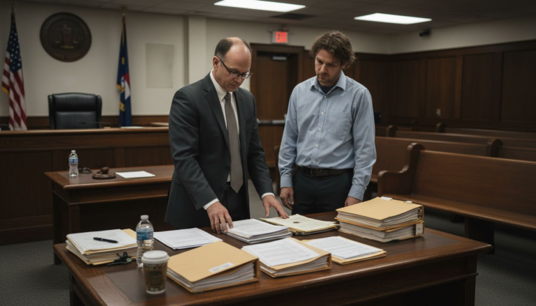 Attorney and client at defense table in NC courtroom