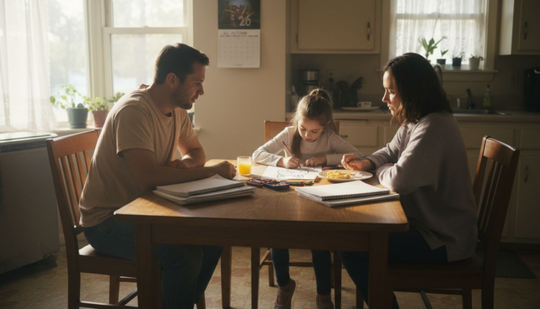 Divorced parents discuss child custody at kitchen table