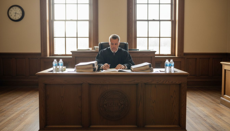 Judge reviewing DUI case files in courtroom