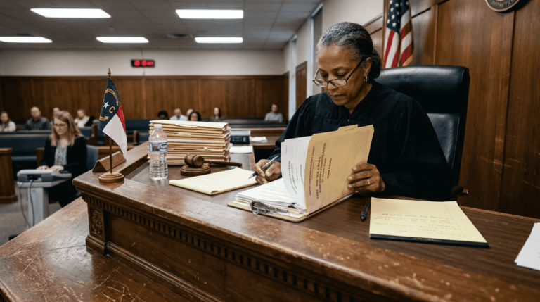 North Carolina family courtroom judge reviewing documents