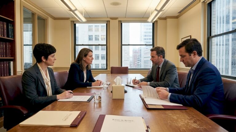 Couple and attorneys in candid divorce meeting